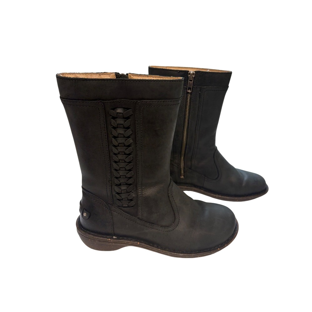 Ugg Kaleen Black Leather Woven Mid Calf Shearling Boots 1006083 Womens 6 Moto
